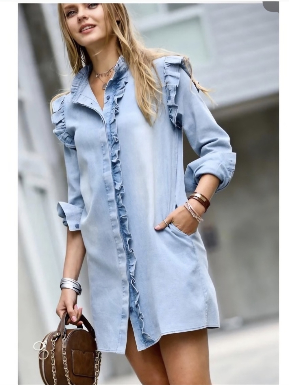 Hudson Gray Chambray Light Wash Ruffle Shirt Dress - S